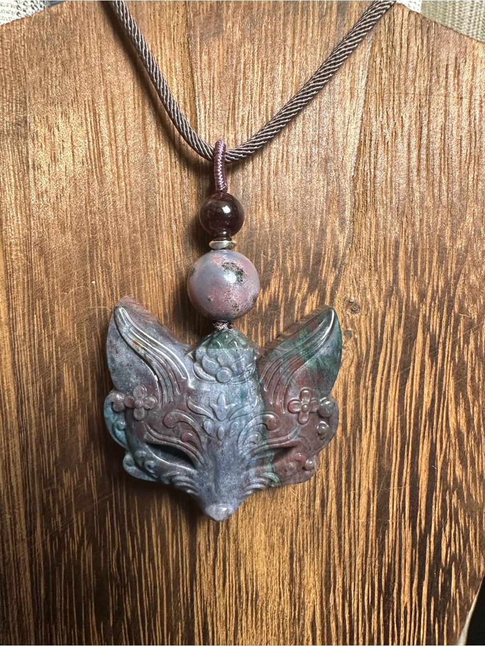 Blue & Purple Ocean Jasper Fox Mask Pendant Necklace on Brown Rope with Garnet - Picture 10 of 13